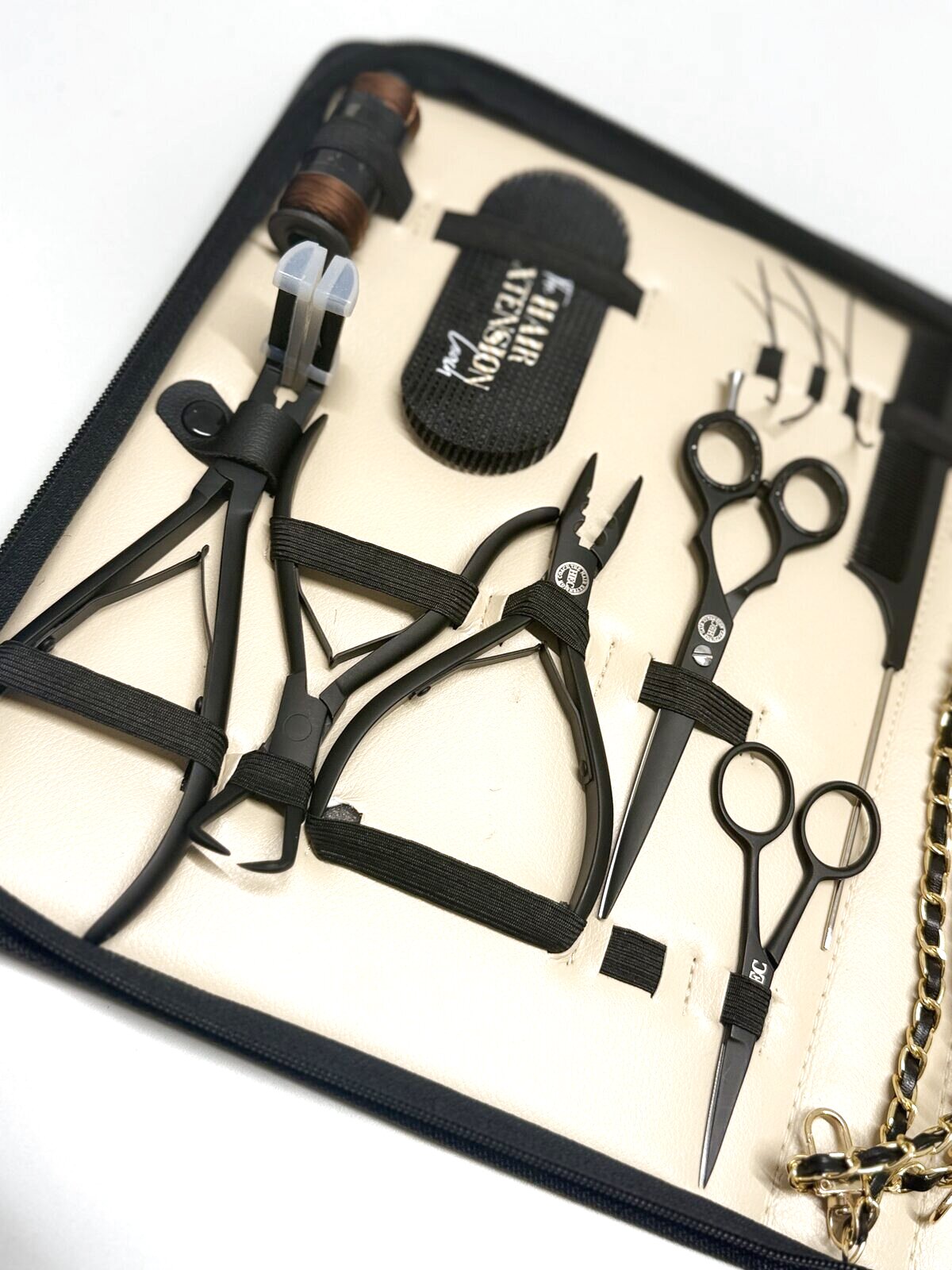 Close up of the matte black tools in the case